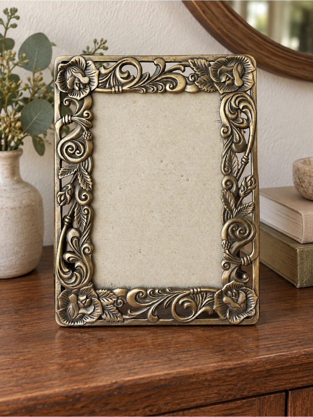 Vintage Ornate Brass Floral Picture Frame – 7.5” x 5.5”